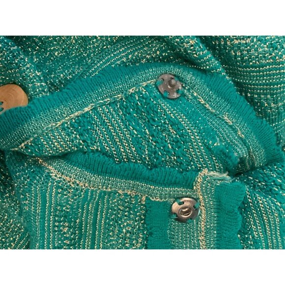 Manouch Pauline Teal Green & Metallic Gold Ruffle Cardigan, Size M - Picture 11 of 11